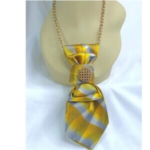 Artisan Vintage Silk Tie Necklace Upcycled Metallic Gold Silver Upcycled NEW